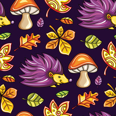 Autumn seamless pattern with chestnut and oak leaves, mushrooms and Hedgehog, fall leaf background.  Floral texture. Template for fashion prints, seasonal sale, social media. Vector design elements