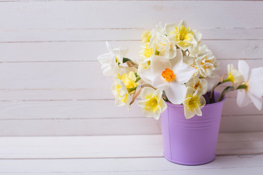 Bright yellow daffodils and tulips flowers in pot on white wooden background.