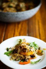 Buckwheat noodles with fried mushrooms and vegetables