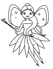 Coloring page with cute flying fairy character. Drawing kids game. Printable activity