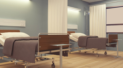 Empty blue hospital room.