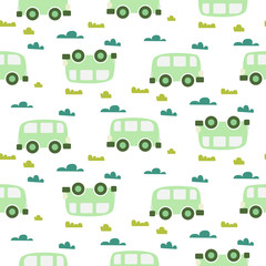 Obraz na płótnie Canvas Car cute baby vector green scandinavian seamless pattern. Kid fabric and apparel design. Light pastel van vehicles with clouds and grass on white. Simple kid pattern.