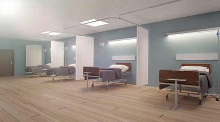 Fototapeta premium Heavenly light in an empty blue hospital room