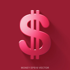 Flat metallic currency 3D icon. Red Glossy Metal Dollar on Red background. EPS 10, vector.