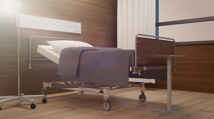 Empty blue hospital room.