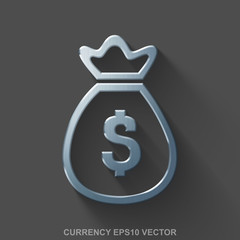 Flat metallic currency 3D icon. Polished Steel Money Bag on Gray background. EPS 10, vector.