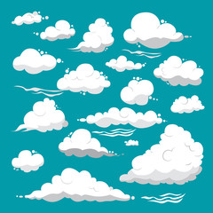 White clouds of different shapes on a blue background