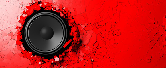 Loudspeaker on a red wall background. 3d illustration - obrazy, fototapety, plakaty