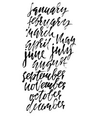 Hand drawn set of months. Modern dry brush lettering. Names of the months. Vector illustration. Handwritten grunge inscription.