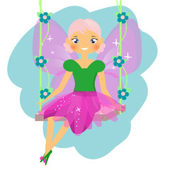 Beautiful fairy sitting on swing. Winged elf princess. Cartoon style