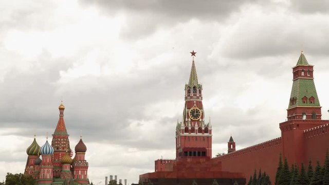 The Kremlin wall is a mausoleum and the temple of the Basil of the Blessed. Red Square. Moscow