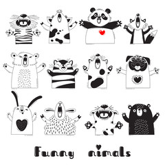 Funny Animals Tiger Pig Bear Fox Sheep Cat Pug Panda Rabbit for the design of childrens parties, rooms, stickers, posters, t-shirts