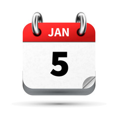 Bright realistic icon of calendar with 5 january date isolated on white