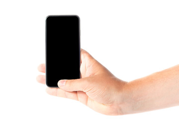 Male hand isolated on white background with phone