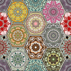 Luxury oriental tile seamless pattern. Colorful floral patchwork background. Mandala boho chic style. Rich flower ornament. Hexagon design elements. Portuguese moroccan motif. Unusual flourish print. - 167107820