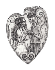 Skeletons in love day of the dead design by hand pencil drawing on paper.