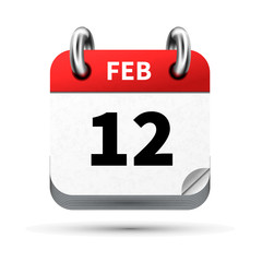 Bright realistic icon of calendar with 12 february date isolated on white