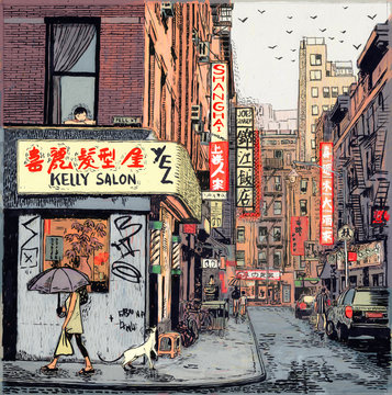 Illustration of woman with umbrella at New York Chinatown street 