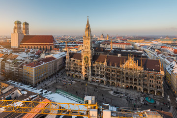 Naklejka premium Aerial view on Munich old town hall or Marienplatz town hall and Frauenkirche in Munich
