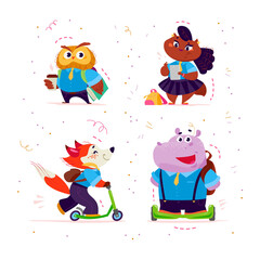 Vector collection of flat animal students in cartoon style