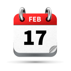 Bright realistic icon of calendar with 17 february date isolated on white