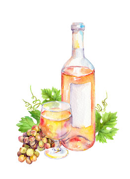 Wine glass, bottle of white wine with vine leaves and grape berries. Watercolor