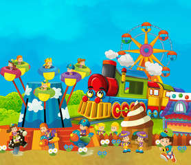 cartoon funfair - amusement park with steam train  - illustration for children