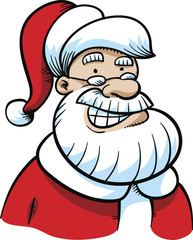 A friendly, jolly, cartoon Santa Claus with a happy, smiling grin.