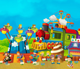 cartoon funfair - amusement park with steam train  - illustration for children