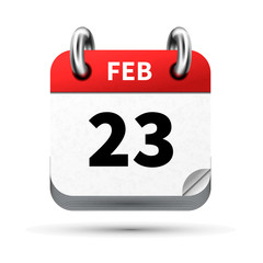 Bright realistic icon of calendar with 23 february date isolated on white