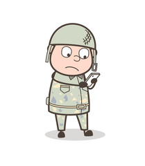 Cartoon Army Officer Reading Messages in Smartphone Vector Illustration