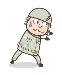 Cartoon Army Man Pushing Pose Vector Illustration