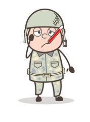 Cartoon Ill Sergeant with Fever Temperature in Mouth Vector Illustration