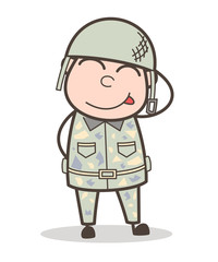 Cartoon Funny Army Man Stuck-Out Tongue and Blushing Face Vector Illustration