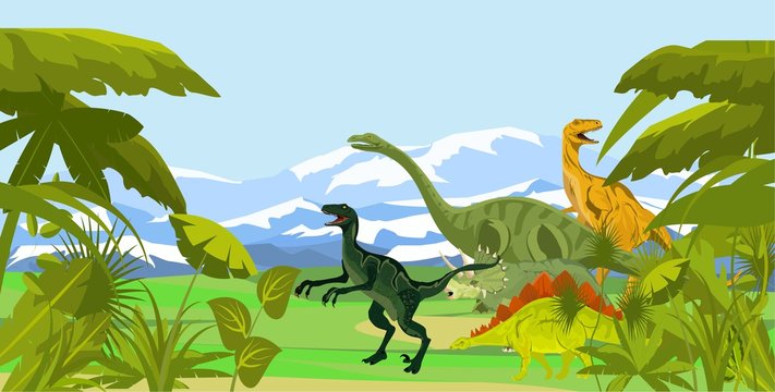 Dinosaurs walking vector illustration, prehistoric age landscape