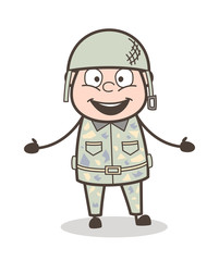 Cartoon Happy Army Man Presenting Vector Illustration
