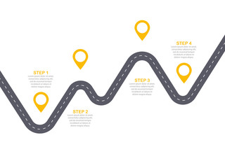 Curve asphalt road with pin-pointers. Four steps infographic template. Vector EPS 10
