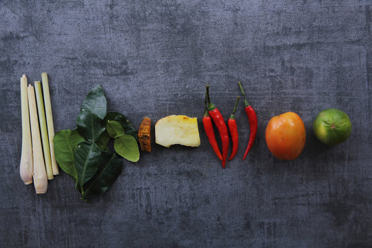 Tom Yum Ingredients On Dark Rock Background