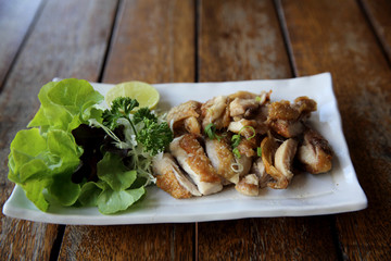 Chicken teriyaki , Chicken grilled with salt on wood background , Japanese food