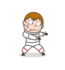 Cartoon Space-Traveler Pushing Pose Vector Illustration