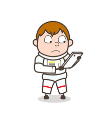 Cartoon Cosmonaut Reading Messages in Smartphone Vector Illustration