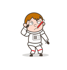 Cartoon Ill Space Boy with Fever Temperature in Mouth Vector Illustration