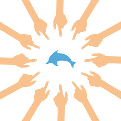 Viele Hände zeigen auf - Delfin