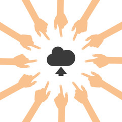 Viele Hände zeigen auf - Cloud - Upload