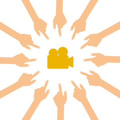 Viele Hände zeigen auf - gelbe Kamera - gold