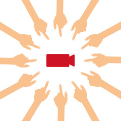 Viele Hände zeigen auf - rote Kamera