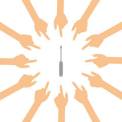 Viele Hände zeigen auf - Schraubendreher