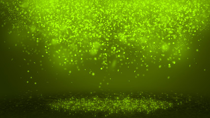 Dark Green sparkle rays lights with bokeh elegant show on stage  abstract background. Dust sparks background.