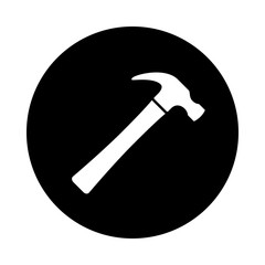Hammer circle icon. Black, round, minimalist icon isolated on white background. Hammer simple silhouette. Web site page and mobile app design vector element.