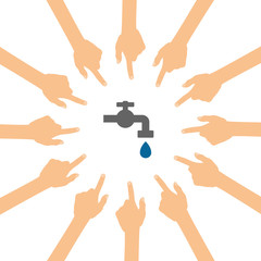 Viele Hände zeigen auf - Wasserhahn